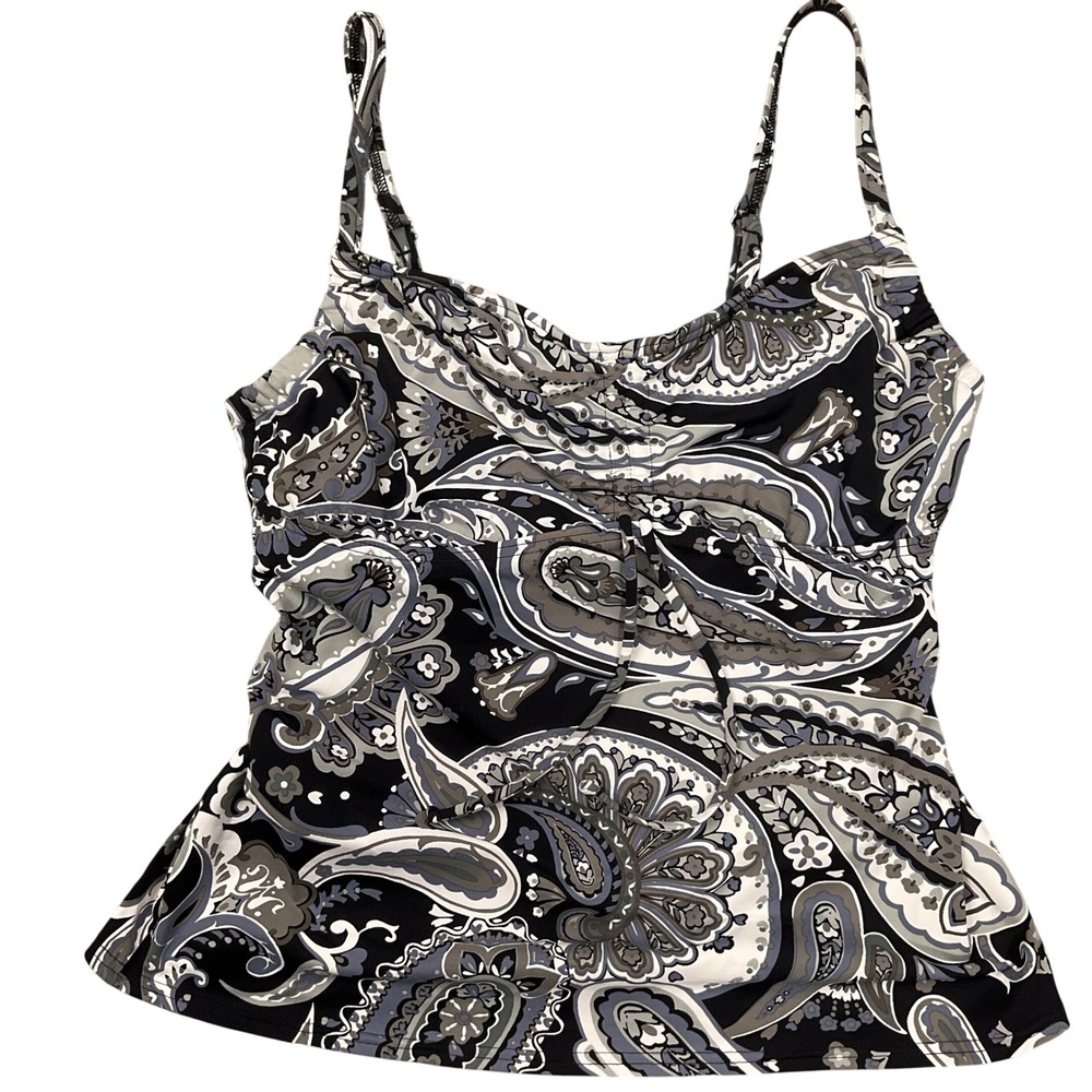 Lands' End Tankini Top Womens 6 Black White‎ Paisley Neutral